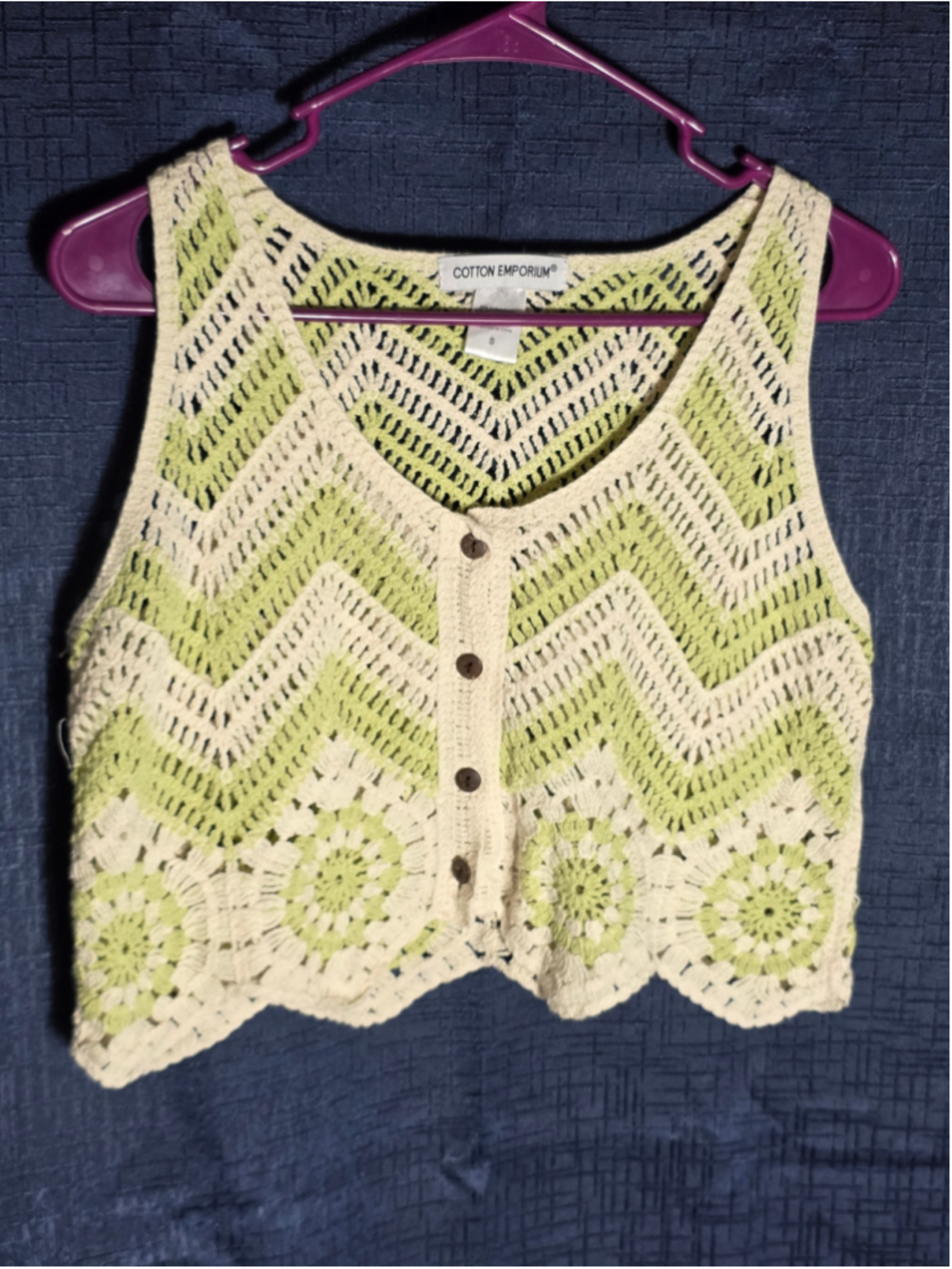 Women's Cotton Emporium Crochet Tank S Beige Green button up cottagecore boho